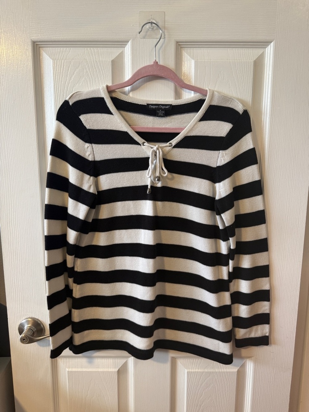 Designers Originals Black and White Striped Lace-Up Long Sleeve Top